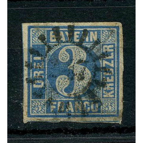 Bavaria 1858-62 3k Blue, 4 margins, fine used, creased. SG6