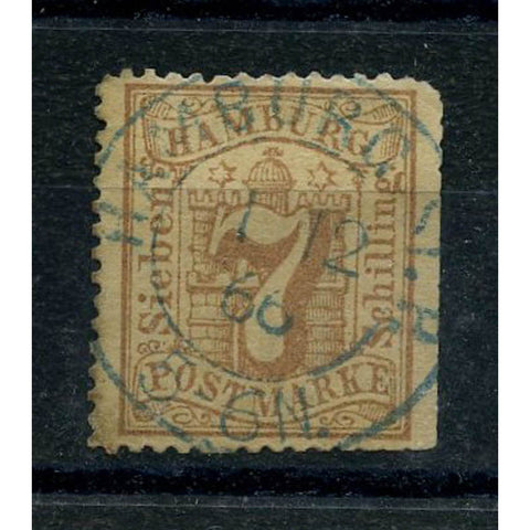 Hamburg 1865 7sch Dull-mauve, used with blue cds. Toned, trimmed perfs at right. SG36