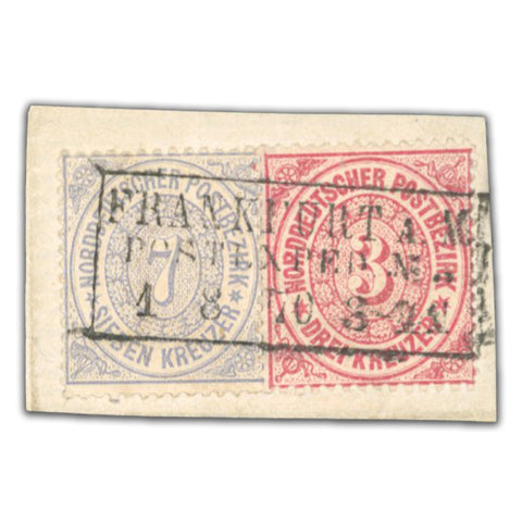 Germany 1870 3kr & 7kr Both used on small fragment, tied with lovely 'Frankfurt' box cancel, SG34&36.