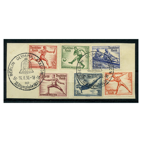 Germany 1936 Olympics, used on tidy fragment with special stadium closing day cancels. SG607-12