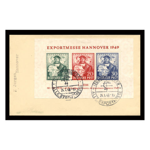 Germany 1949 Hannover trade fair sheetlet, used on cover with event cancels. SGMSA145