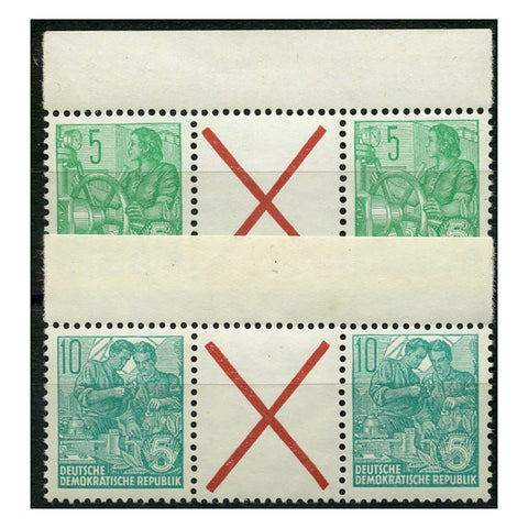 E Germany 1953-55 5pf, 10pf Definitives in horiz gutter pairs, tabs voided with X, both u/m. SGE154