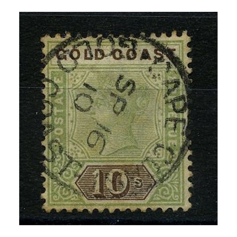 Gold Coast 1898-1902 10/- Green & brown (CA) fine cds used, overall tone. SG34