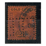 Gold Coast 1902 20/- Purple & black on red, cds used, perfin, a useful filler. SG48
