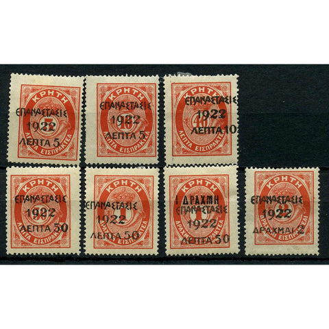 Greece 1923 Epanastasis surcharges on Crete postage dues, fine mtd mint, less SG388 (10l on 20l). SG386-93