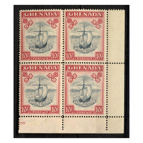 Grenada 1938-50 10/- Blue-black & carmine (narrow) Perf 14, corner marginal block of 4, u/m. SG163e