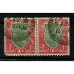 India 1927 10r Green & scarlet, horizontal pair, fine cds used, one weak corner. SG217