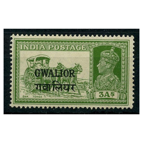 India (Gwalior) 1939-48 3a Yellow-green, lightly mtd mint. SG109