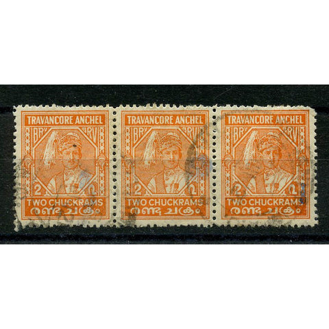 Travancore 1939 2ch Maharajas birthday, horizontal strip of 3, fine cds used, left stamp thinned. SG66
