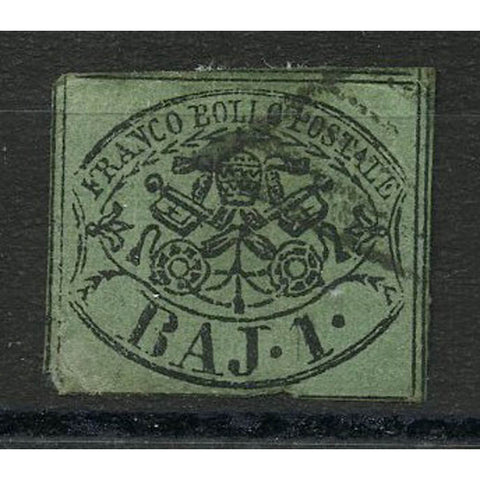 Papal States 1852-64 1b On bluish-green, used, 3 margins, faulty. Cat. £110. SG9