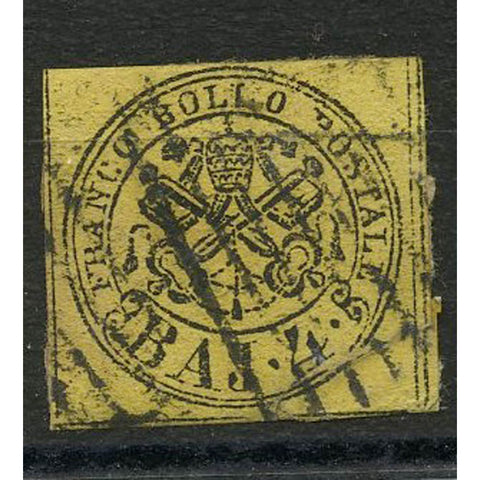 Papal States 1852-64 4b Black on yellow, used with lozenge/grid cancel. Closed tear at right. SG18