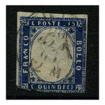 Italy 1863 15c Deep-blue, near 3 margins, cds used. SG5a