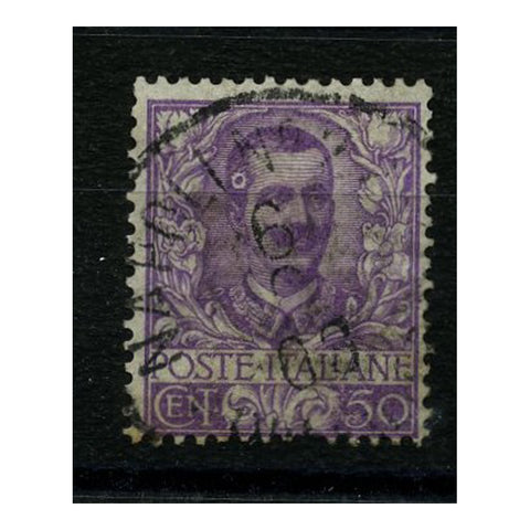 Italy 1901 50c Mauve, 'hole in king's head' printing flaw, fine cds used. SG70var