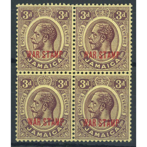 Jamaica 1916 3d War Stamp Deep purple/buff blk of 4, 3 u/m SG77c
