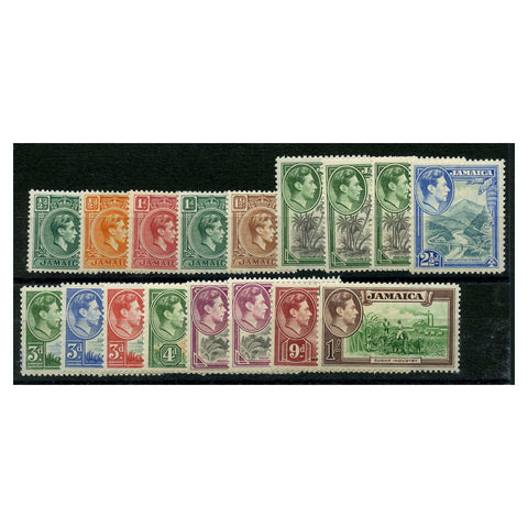 Jamaica 1938-52 Definitive short set to 1/-, inc perf varieties of 2d, 6d, fresh mtd mint. SG121-30+