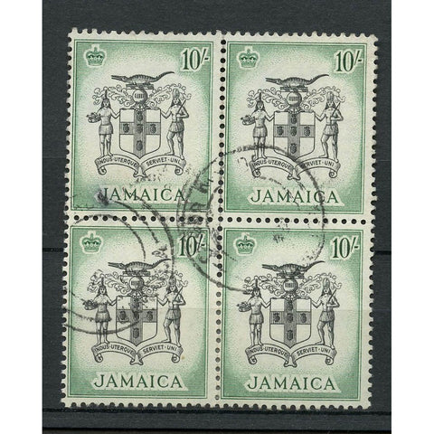 Jamaica 1956-58 10/- Black & blue-green, block of 4, some re-inforcement, good to fine used. SG173