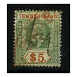 Malaya (Straits) 1905 $5 Dull-green & dull-orange, fiscally used, toned. SG138