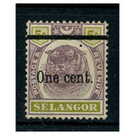 Malaya: Selangor 1900 One Cent on 5c tiger, mtd mint. SG66a