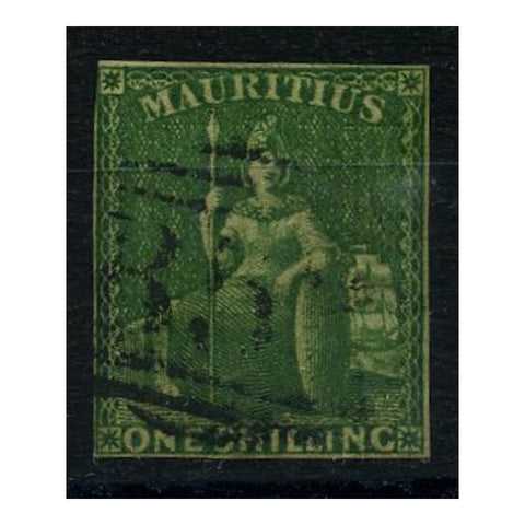 Mauritius 1861 1/- Yellow-green, fine used with 4 tight margins, attractive. SG35