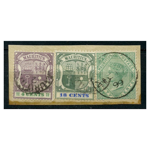 Mauritius 1899 50c, 4c, 18c Definitives, all tied to small fragment with tidy cds. SG99, 130, 132