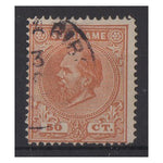 Suriname 1873-88 50c Orange, perf 14, small holes, fine cds used. SG6