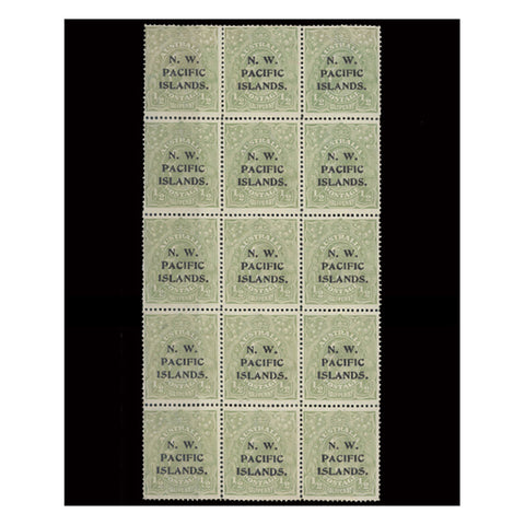 New Guinea 1915-16 1/2d Green, block of 15 displaying all 3 types of ovpt, u/m save 1. SG65a