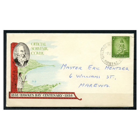 New Zealand 1958 2d Hawkers Bay Province, used on illustrated cover with Centennial Industries Exhibition cds. S