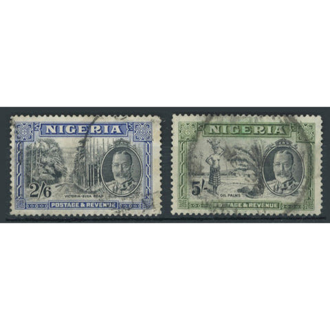 Nigeria 1936 2/6d Black	& ultramarine and 5/- Black & olive green, cds used but a little grubby, Cat.£100. SG42-3