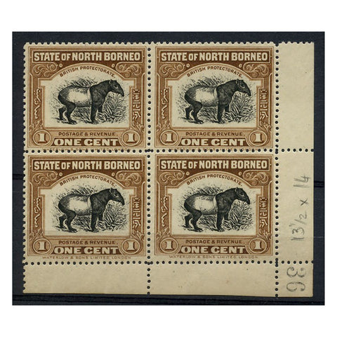 N Borneo 1909-23 1c Malayan Tapir, corner marginal number block of 4, u/m. SG158