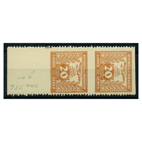 Paraguay 1935 20c Airmail, vertical pair, missing horizontal perforations. Top stamp mtd mint, lower u/m. Mos