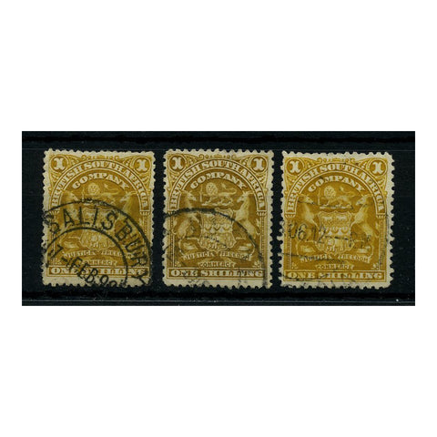 Rhodesia 1898-1908 1/- Bistre, bistre-brown, brownish-yellow, all fine cds used. SG84+c+d
