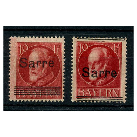 Saar 1920 10pf Ovpt on Bavaria, mtd mint, ovpt shifted down variety (with norm for compar). SG19var