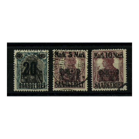 Saar 1921 Surcharge trio, cds used. SG50-52