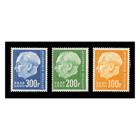 Saar 1957 Heuss definitive 100f, 200f & 300f top vals, all u/m. SG423-25