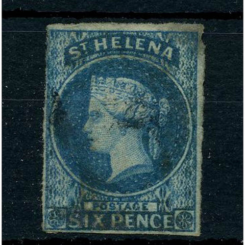 St. Helena 1856 6d Blue, used with 3_ margins, thinned at top. SG1