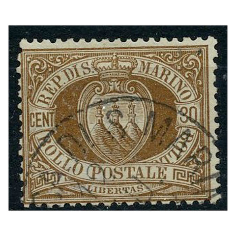 San Marino 1877-90 30c Brown, fine cds used. SG6