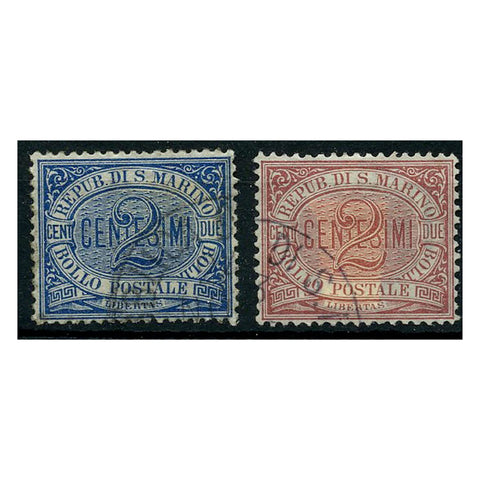 San Marino 1892-99 2c Blue, and 2c claret, both fine mtd mint. SG18, 32