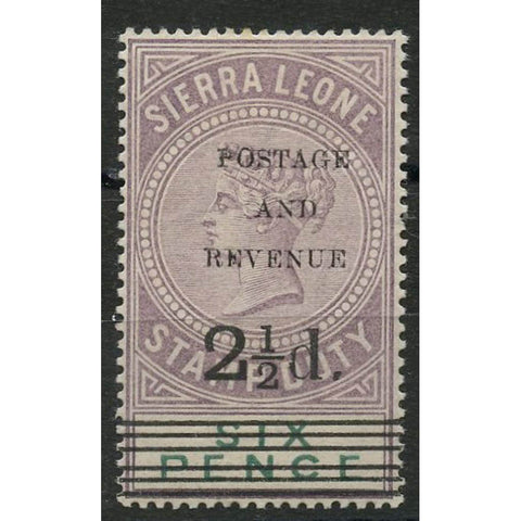 Sierra Leone 1897 2_d on revenue 6d surcharge type 10, mtd mint, has single toned perf. SG60