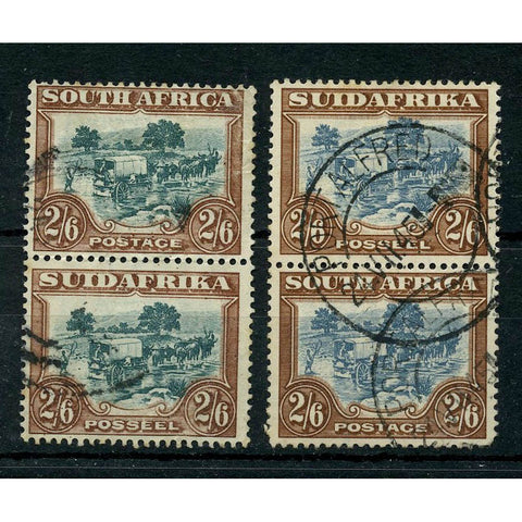 SA 1932-44 2/6d Both colours, in vertical pairs, cds used, faulty. SG49+b