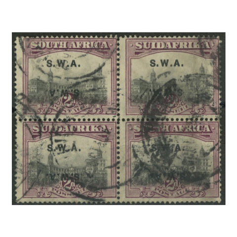 South Africa 1927 2d Grey & maroon, block of 4 displaying 'ovpt doubled, one inverted' variety, fine used.