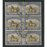 SA 1952-54 1/- Blackish brown+ blue, block of 6, fine cds used. Minor overall tone. SG120a