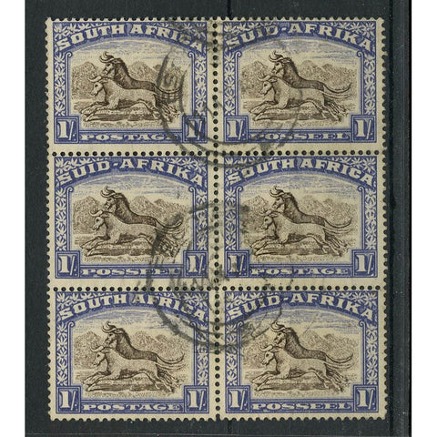 SA 1952-54 1/- Blackish brown+ blue, block of 6, fine cds used. Minor overall tone. SG120a