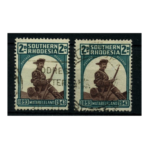 S Rhodesia 1943 Normal & 'hat brim retouch,' both fine used. SG61+a