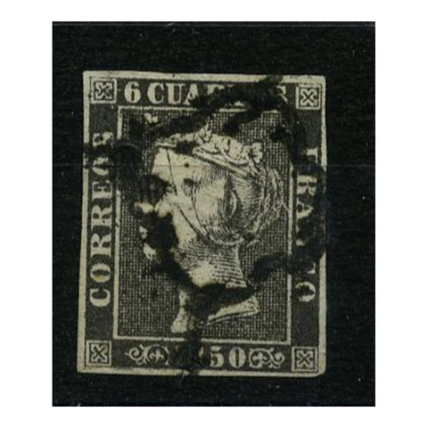 Spain 1850 6c Black, plate. II, thin paper, four margins, fine used. SG7