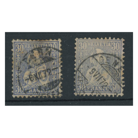 Switzerland 1867-78 30r Blue, ultramarine (both listed shades), cds used, faulty. Cat. £317. SG65+a