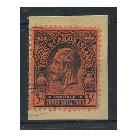 Turks & Caicos 1922-26 3/- Black/red (MCA) fine cds used on small fragment. SG175
