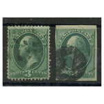USA 1873 3c Bluish-green, 3 margin imperf single, used, normal provided for comparison. SG160+b