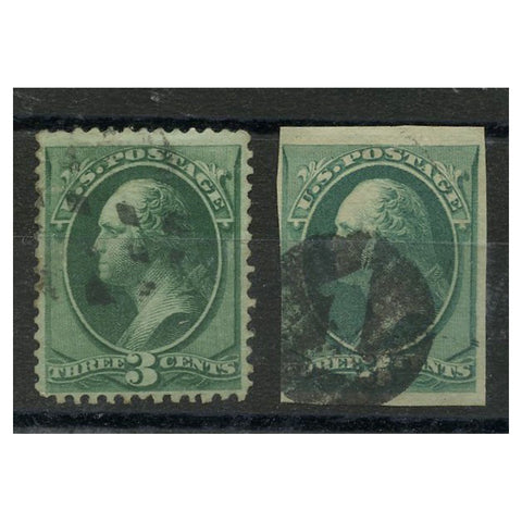 USA 1873 3c Bluish-green, 3 margin imperf single, used, normal provided for comparison. SG160+b