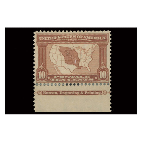 USA 1904 10c Map, marginal imprint example, u/m, 2 fragments stabilizing the margin. SG334