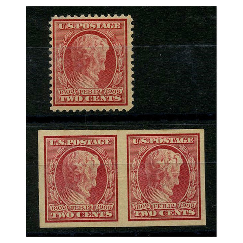 USA 1909 2c Lincoln perf + imperf horiz pair, fresh mtd mint. SG374-75